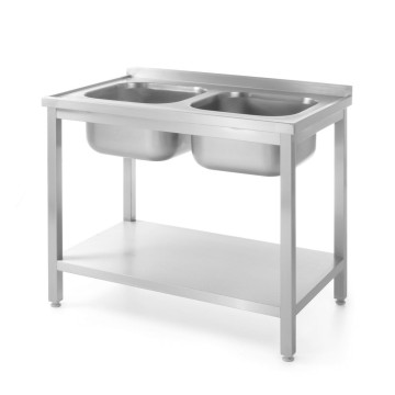 Bord med 2 vasker og hylle â€“ boltet, dybde 600 mm, HENDI, Kitchen Line, 1000x600x(H)850mm