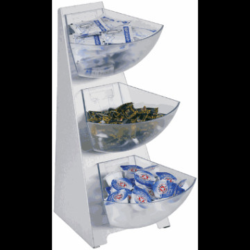 Rack m/3 plastboller. te. sukker. salt. pepper rfr stål