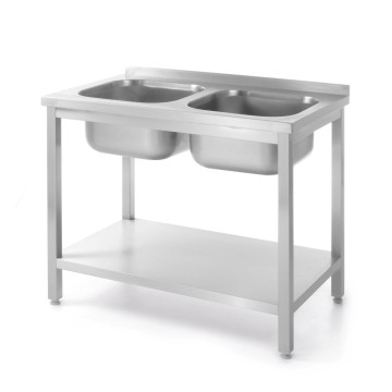 Bord med 2 vasker og hylle – boltet, HENDI, Budget Line, to vaskeskåler, 1000x600x(H)850mm